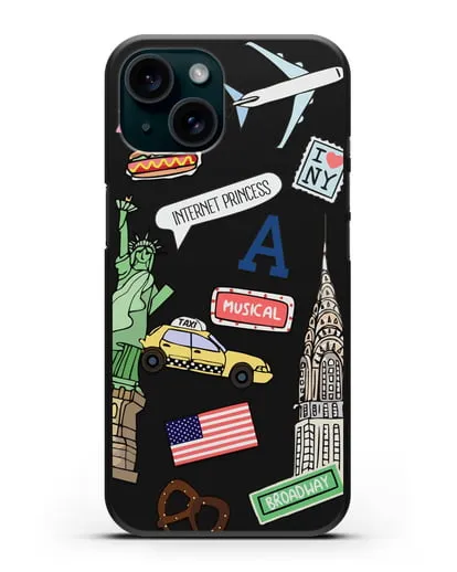 Чехол со стикерами Нью-Йорк, статуя Свободы, желтое такси силиконовый для iPhone 15