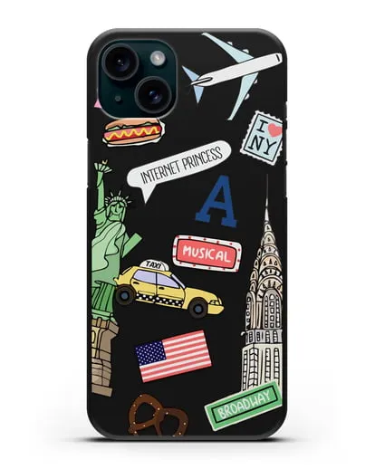 Чехол со стикерами Нью-Йорк, статуя Свободы, желтое такси силиконовый для iPhone 15 Plus