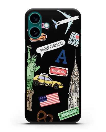 Чехол со стикерами Нью-Йорк, статуя Свободы, желтое такси силиконовый для iPhone 16 Plus