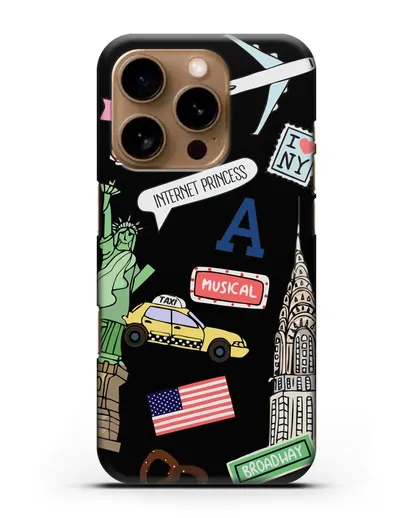 Чехол со стикерами Нью-Йорк, статуя Свободы, желтое такси силиконовый для iPhone 16 Pro