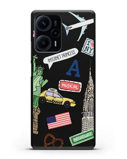 Чехол со стикерами Нью-Йорк, статуя Свободы, желтое такси силиконовый для Xiaomi Poco F5