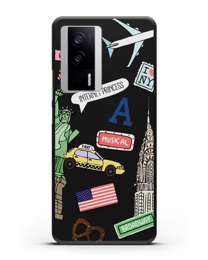 Чехол со стикерами Нью-Йорк, статуя Свободы, желтое такси силиконовый для Xiaomi Poco F5 Pro