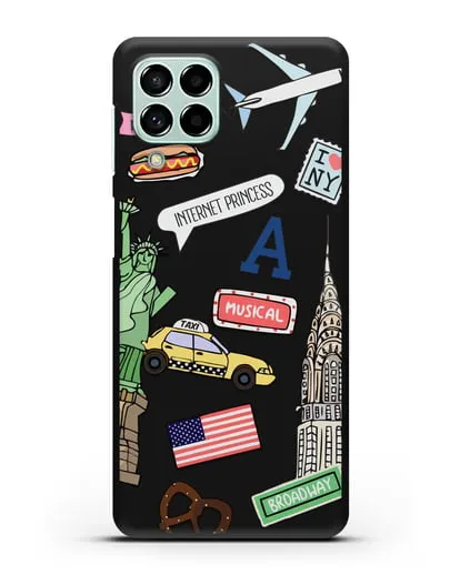 Чехол со стикерами Нью-Йорк, статуя Свободы, желтое такси силиконовый для Samsung Galaxy M53 [SM-M536]