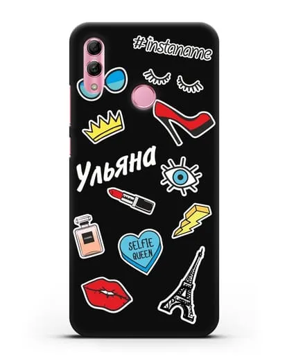 Именной чехол со стикерами Корона, помада, красные туфли силиконовый для Honor 10 Lite