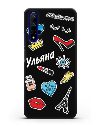 Именной чехол со стикерами Корона, помада, красные туфли силиконовый для Honor 20