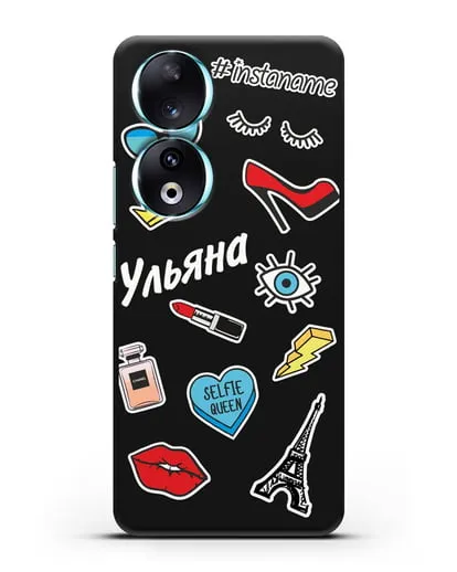 Именной чехол со стикерами Корона, помада, красные туфли силиконовый для Honor 90