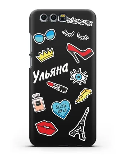 Именной чехол со стикерами Корона, помада, красные туфли силиконовый для Honor 9