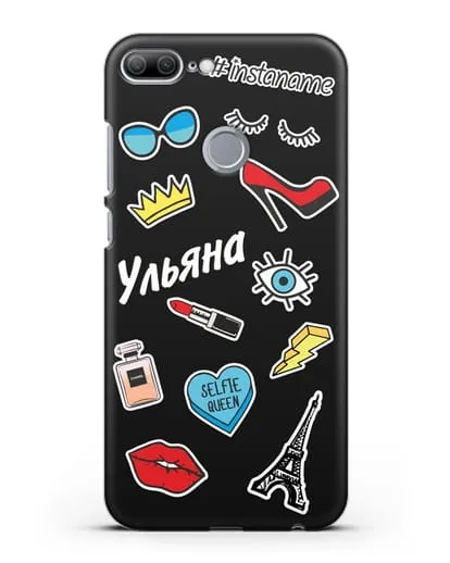 Именной чехол со стикерами Корона, помада, красные туфли силиконовый для Honor 9 Lite