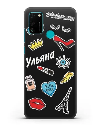 Именной чехол со стикерами Корона, помада, красные туфли силиконовый для Honor 9A