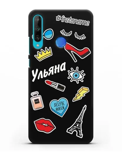 Именной чехол со стикерами Корона, помада, красные туфли силиконовый для Honor 9C