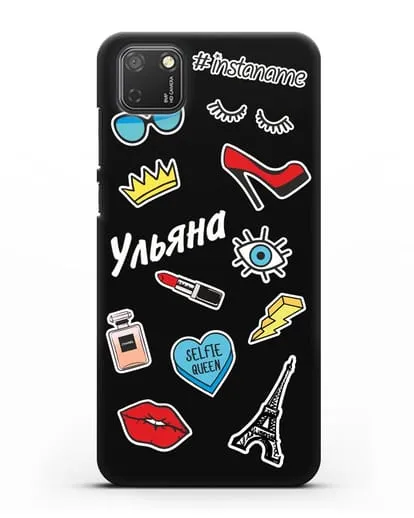 Именной чехол со стикерами Корона, помада, красные туфли силиконовый для Honor 9S