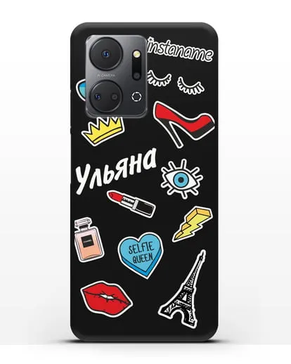 Именной чехол со стикерами Корона, помада, красные туфли силиконовый для Honor X7a