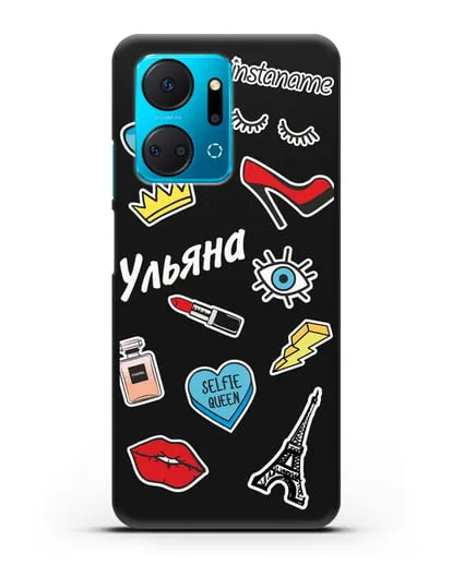 Именной чехол со стикерами Корона, помада, красные туфли силиконовый для Honor X7a Plus