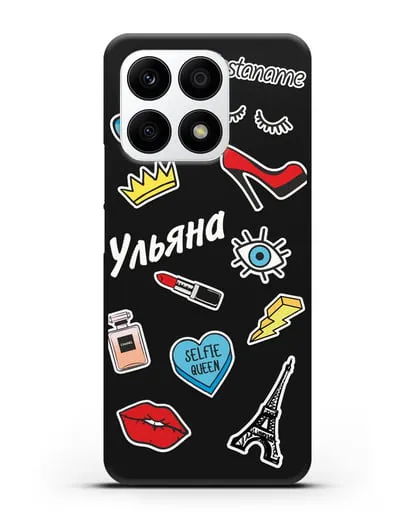Именной чехол со стикерами Корона, помада, красные туфли силиконовый для Honor X8a