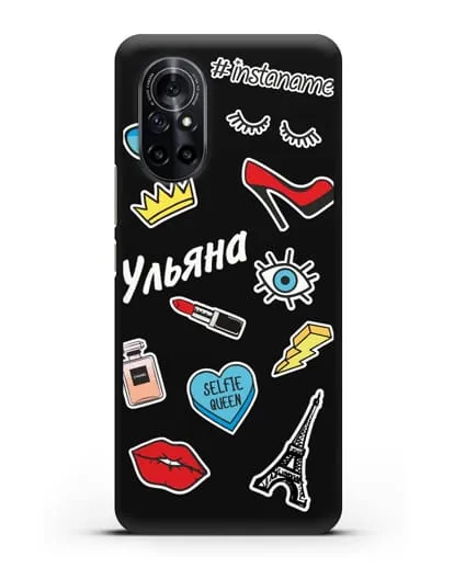 Именной чехол со стикерами Корона, помада, красные туфли силиконовый для Huawei Nova 8
