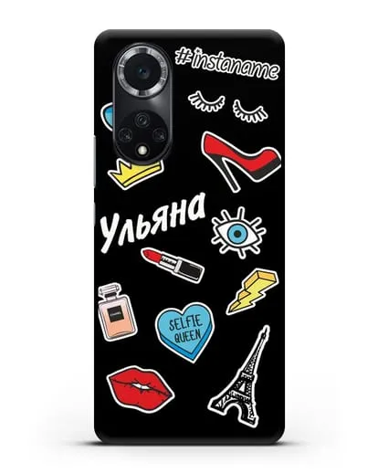 Именной чехол со стикерами Корона, помада, красные туфли силиконовый для Huawei Nova 9
