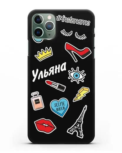 Именной чехол со стикерами Корона, помада, красные туфли силиконовый для iPhone 11 Pro Max