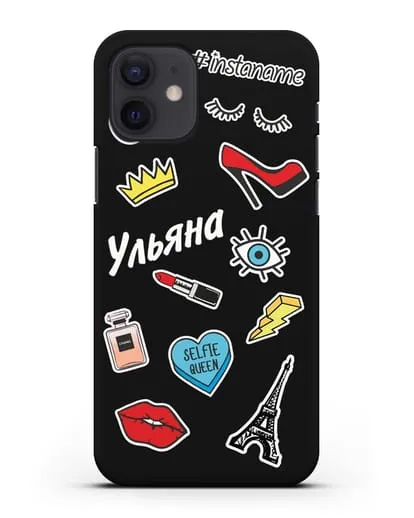 Именной чехол со стикерами Корона, помада, красные туфли силиконовый для iPhone 12