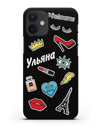 Именной чехол со стикерами Корона, помада, красные туфли силиконовый для iPhone 12 mini