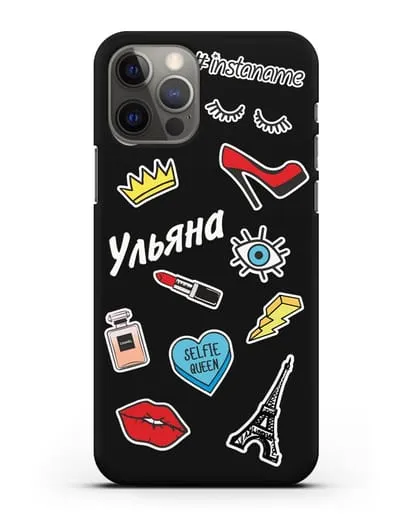 Именной чехол со стикерами Корона, помада, красные туфли силиконовый для iPhone 12 Pro