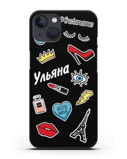 Именной чехол со стикерами Корона, помада, красные туфли силиконовый для iPhone 13 Mini