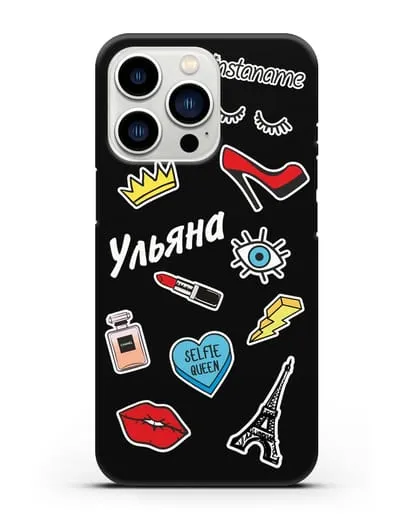 Именной чехол со стикерами Корона, помада, красные туфли силиконовый для iPhone 13 Pro