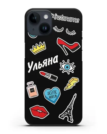 Именной чехол со стикерами Корона, помада, красные туфли силиконовый для iPhone 14