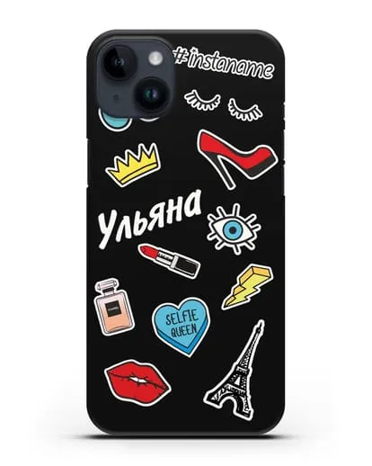 Именной чехол со стикерами Корона, помада, красные туфли силиконовый для iPhone 14 Plus