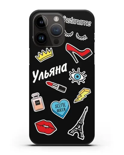 Именной чехол со стикерами Корона, помада, красные туфли силиконовый для iPhone 14 Pro Max