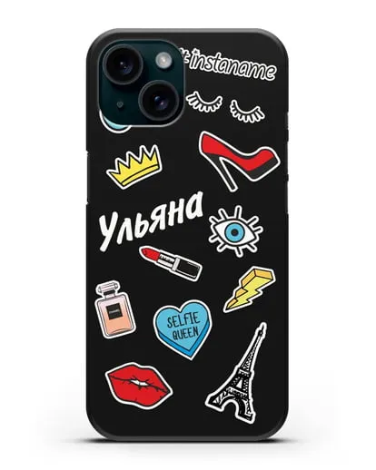 Именной чехол со стикерами Корона, помада, красные туфли силиконовый для iPhone 15