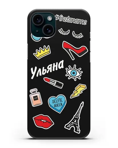 Именной чехол со стикерами Корона, помада, красные туфли силиконовый для iPhone 15 Plus