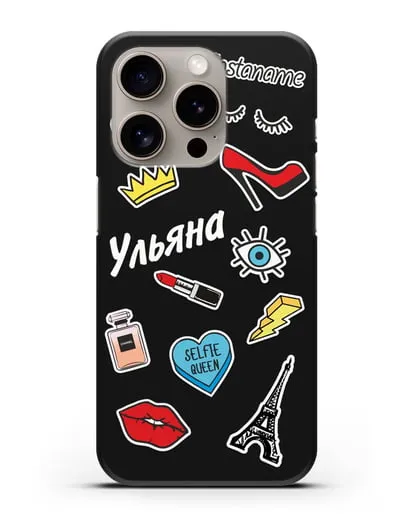 Именной чехол со стикерами Корона, помада, красные туфли силиконовый для iPhone 15 Pro