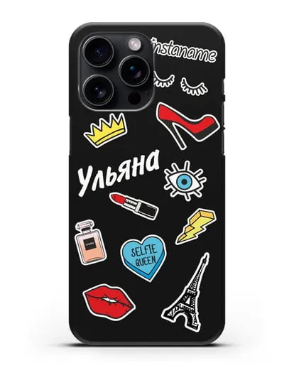 Именной чехол со стикерами Корона, помада, красные туфли силиконовый для iPhone 15 Pro Max