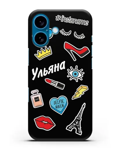 Именной чехол со стикерами Корона, помада, красные туфли силиконовый для iPhone 16