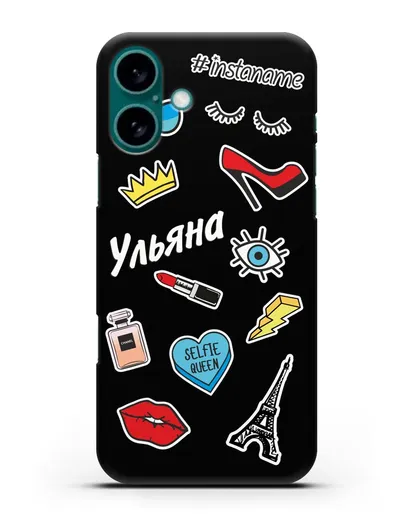 Именной чехол со стикерами Корона, помада, красные туфли силиконовый для iPhone 16 Plus