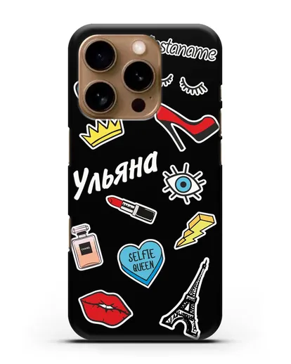 Именной чехол со стикерами Корона, помада, красные туфли силиконовый для iPhone 16 Pro