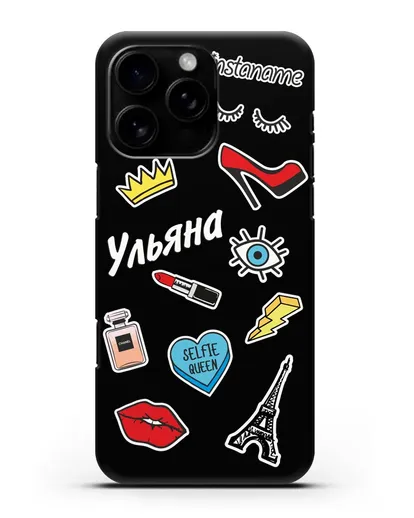 Именной чехол со стикерами Корона, помада, красные туфли силиконовый для iPhone 16 Pro Max