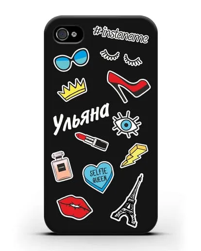 Именной чехол со стикерами Корона, помада, красные туфли силиконовый для iPhone 4/4s