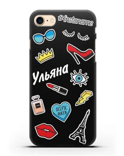 Именной чехол со стикерами Корона, помада, красные туфли силиконовый для iPhone 8