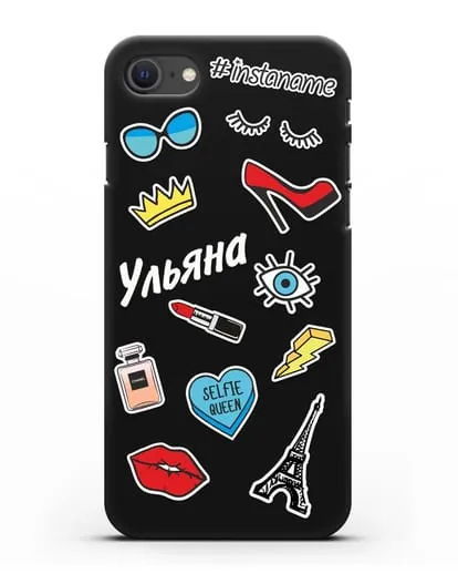 Именной чехол со стикерами Корона, помада, красные туфли силиконовый для iPhone SE 2020