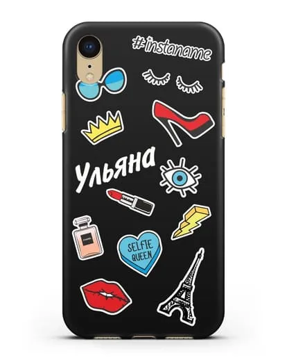 Именной чехол со стикерами Корона, помада, красные туфли силиконовый для iPhone XR