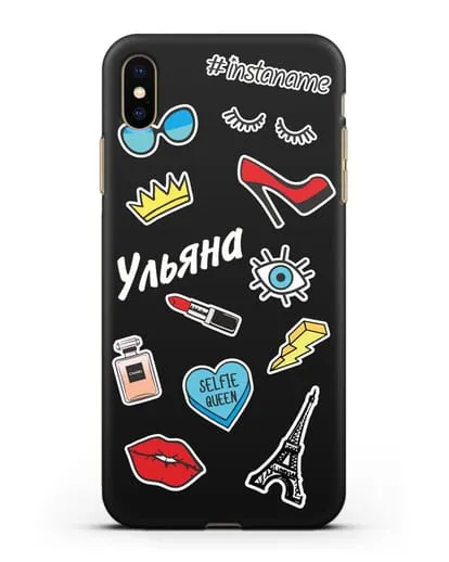 Именной чехол со стикерами Корона, помада, красные туфли силиконовый для iPhone XS Max