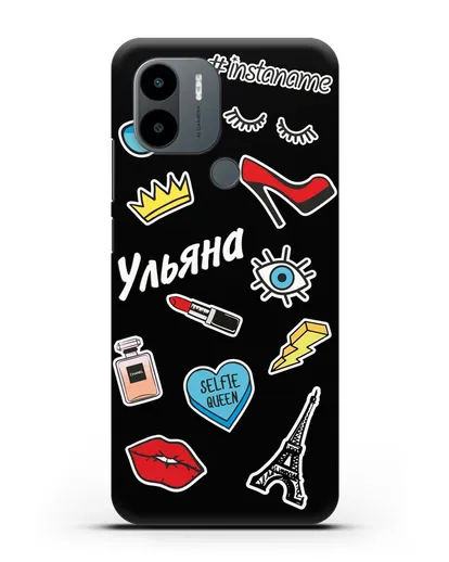 Именной чехол со стикерами Корона, помада, красные туфли силиконовый для Xiaomi Poco C51