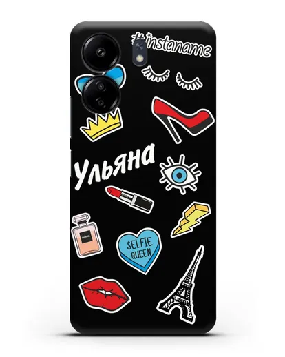 Именной чехол со стикерами Корона, помада, красные туфли силиконовый для Xiaomi Poco C65