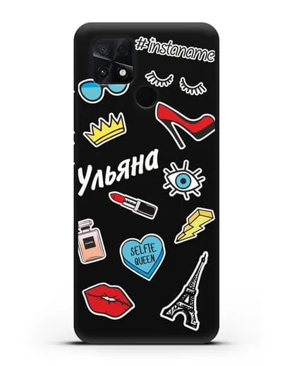 Именной чехол со стикерами Корона, помада, красные туфли силиконовый для Xiaomi Poco C40