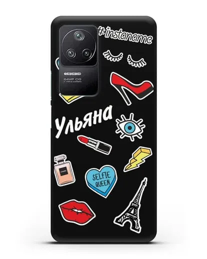 Именной чехол со стикерами Корона, помада, красные туфли силиконовый для Xiaomi Poco F4