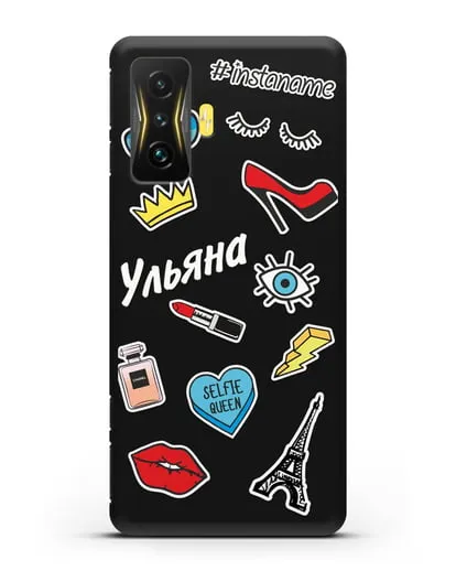 Именной чехол со стикерами Корона, помада, красные туфли силиконовый для Xiaomi Poco F4 GT