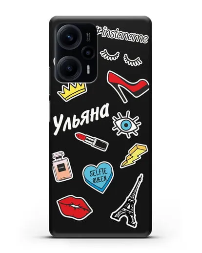 Именной чехол со стикерами Корона, помада, красные туфли силиконовый для Xiaomi Poco F5