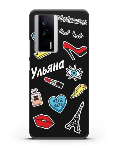 Именной чехол со стикерами Корона, помада, красные туфли силиконовый для Xiaomi Poco F5 Pro