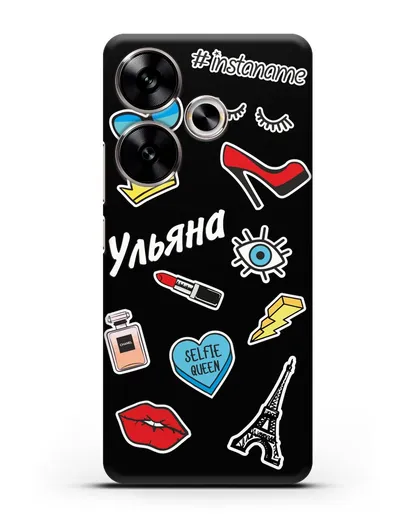 Именной чехол со стикерами Корона, помада, красные туфли силиконовый для Xiaomi Poco F6